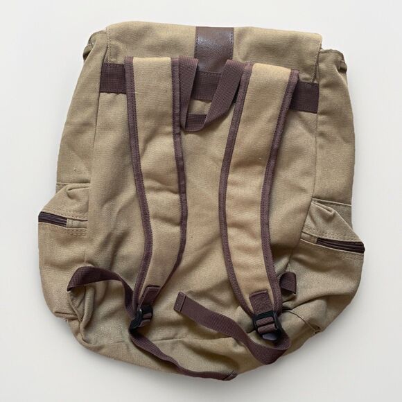 BELLA RUSSO Backpack Unisex Khaki Brown Canvas Drawstring Snap Zippered Pockets - Picture 3 of 11